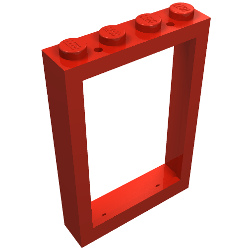Red LEGO Window 1 x 4 x 5 frame with four solid LEGO studs on top bar and two anti-studs on bottom bar.