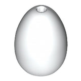 White LEGO egg piece, part 24946, with a small pin hole at the top. Smooth, slightly reflective surface.