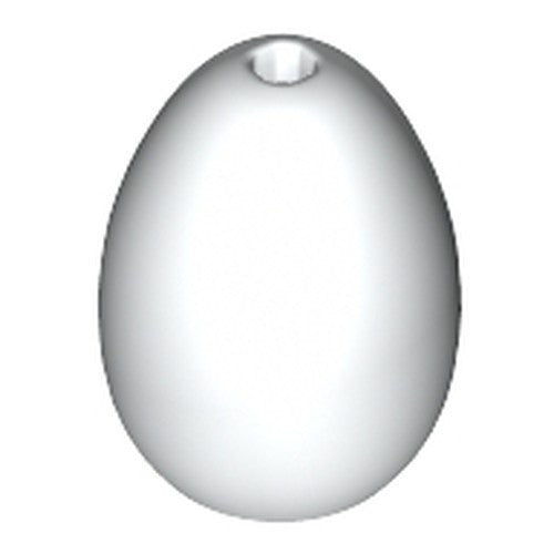 White LEGO egg piece, part 24946, with a small pin hole at the top. Smooth, slightly reflective surface.