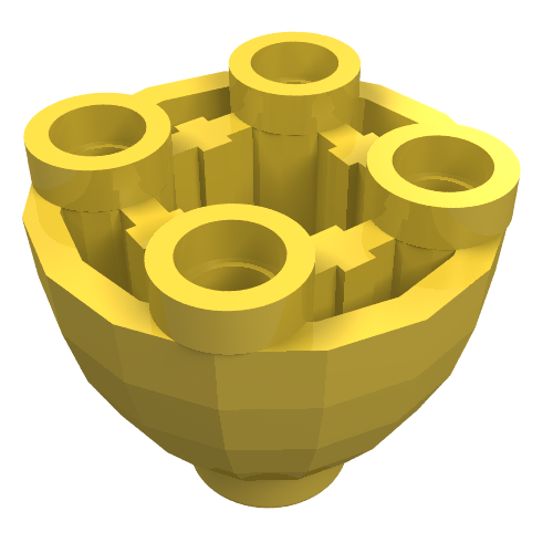 Yellow LEGO round 2x2 dome bottom brick with four studs on its open top, viewed from a slightly elevated angle.