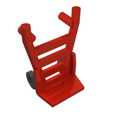 A red LEGO minifigure utensil hand truck with a flat base, barred back, top handles, and one visible dark grey wheel.