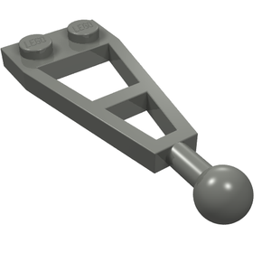 A dark gray LEGO Plate, Modified 1 x 2 with Long Tow Ball, seen from an angle on a white background.