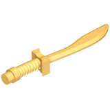 Gold LEGO minifigure weapon, a curved saber or Dao sword with a ribbed hilt and bar end, on a white background.