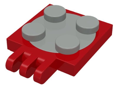 Red LEGO 2x2 turntable plate with three hinge fingers, light gray top, and four studs.