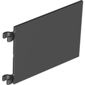 Dark gray LEGO Flag 6 x 5 piece with two clips on the left side, viewed at an angle against a white background.