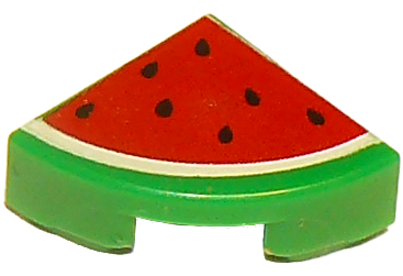 LEGO 25269pb002 Tile, Round 1x1 Quarter, featuring a vibrant red watermelon slice pattern with black seeds and green rind.