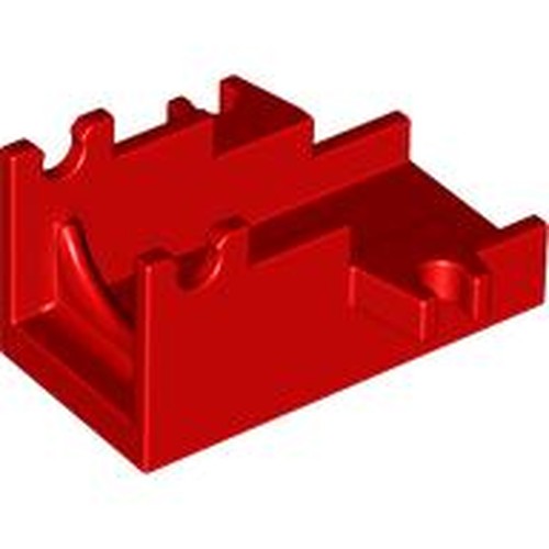 A red LEGO 2527 Projectile Launcher Part, Cannon Base 2 x 4, shown at an angle on a white background.