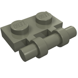 Dark gray LEGO 1x2 modified plate with a bar handle on the side, free ends extending from the plate.