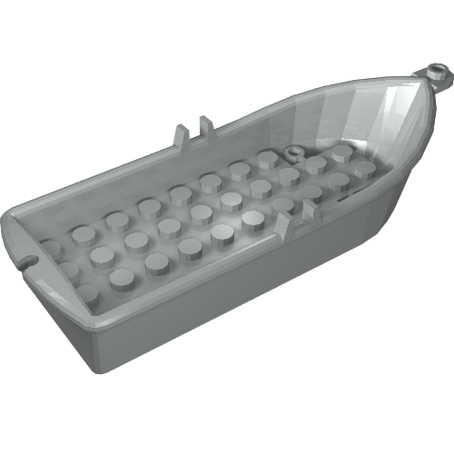 Light grey LEGO boat hull (2551), 14x5x2, showing the interior with 28 studs, two hollow studs, and oarlocks.