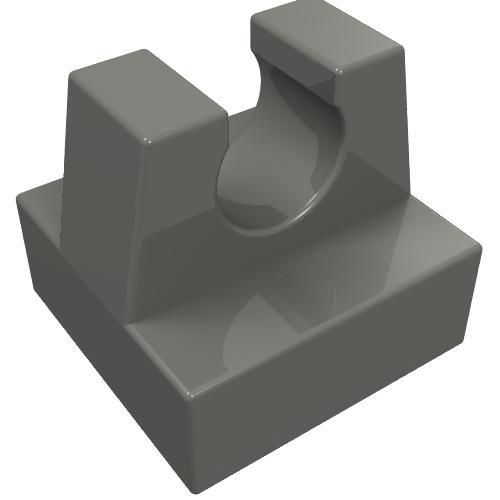 Grey LEGO 2555 Tile, Modified 1 x 1 with Clip, featuring a small square base with a curved U-shaped clip.
