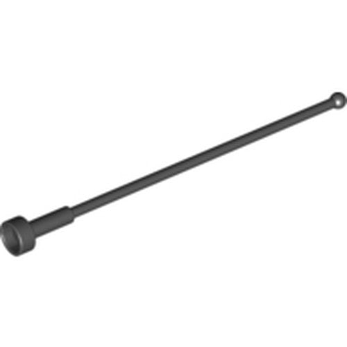 A dark gray LEGO Antenna Whip 8H, part number 2569, a long thin rod with a stud on one end and a ball on the other.