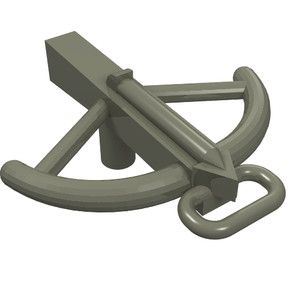 3D render of a grey LEGO Minifigure Crossbow (part 2570) featuring a square stock, bow, and arrow.