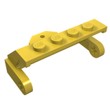 Yellow LEGO part 2578a: Vehicle brush holder for street sweeper, with 4 studs and two curved arms featuring axle holes.