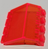 Translucent bright red LEGO 2582 Panel 2 x 4 x 3 1/3 with Hinge, angled view on a white background.