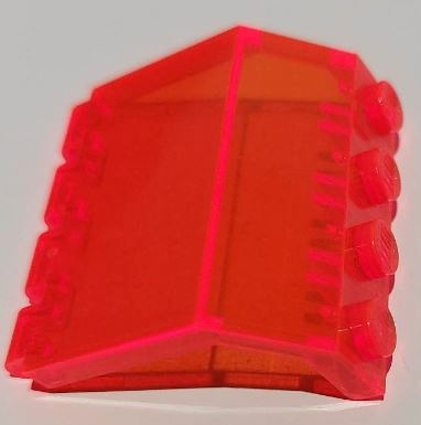 Translucent bright red LEGO 2582 Panel 2 x 4 x 3 1/3 with Hinge, angled view on a white background.