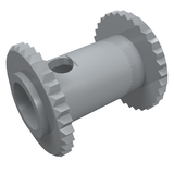 Gray LEGO 2585 String Reel 2 x 2 Drum, a cylindrical piece with serrated flanges and a keyhole cutout.