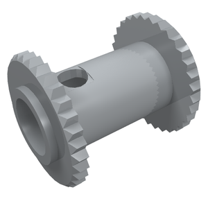 Gray LEGO 2585 String Reel 2 x 2 Drum, a cylindrical piece with serrated flanges and a keyhole cutout.