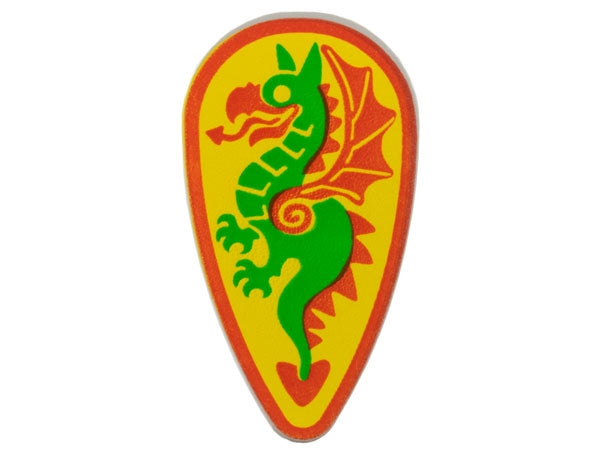 LEGO 2586p4b oval shield with a green and red dragon design on a yellow background.