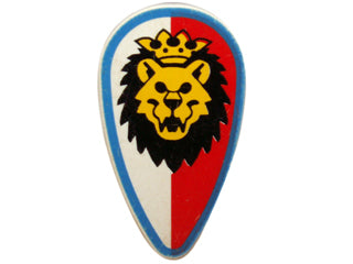 LEGO Minifigure Oval Shield, white and red background, blue border, featuring a crowned yellow lion head.