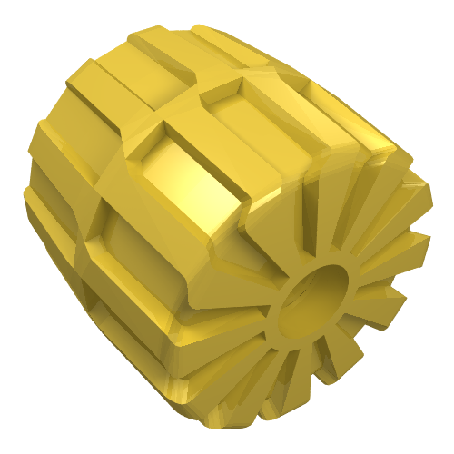 Yellow LEGO 2593 hard plastic wheel, 35mm diameter x 31mm, with a textured tread and spoked hub.