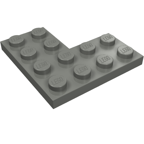 Gray LEGO 4x4 L-shaped corner plate with studs and LEGO logo embossed on each stud.