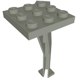 Gray LEGO 2x4 plate with 8 studs on top, connected to a detailed vertical support crane stand, ending in a slotted base.