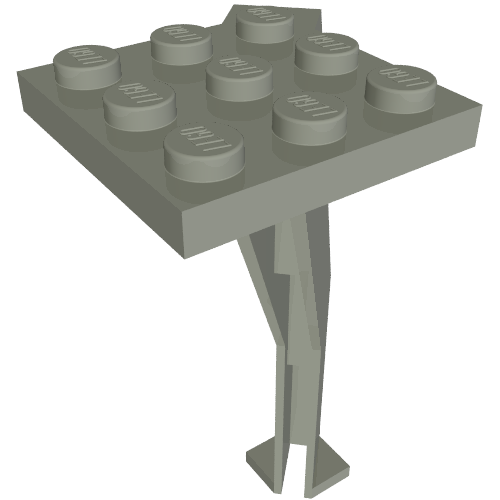 Gray LEGO 2x4 plate with 8 studs on top, connected to a detailed vertical support crane stand, ending in a slotted base.