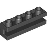 Black LEGO Modified Brick 1x4 with 4 studs and a channel underneath, viewed from an angle.