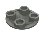 A gray LEGO Plate, Round 2 x 2 with Rounded Bottom (Boat Stud). It has four studs arranged on its top surface.