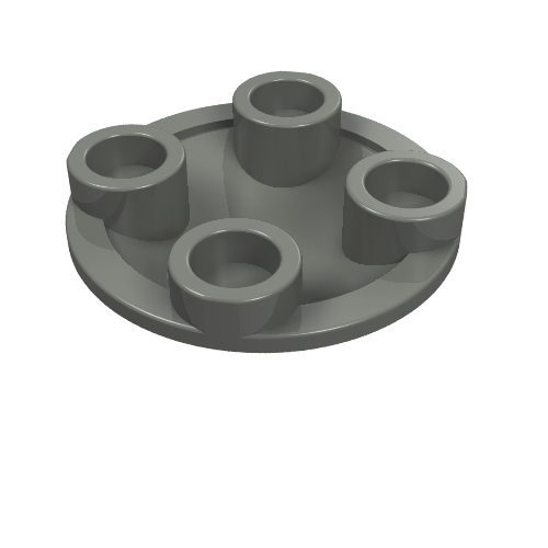 A gray LEGO Plate, Round 2 x 2 with Rounded Bottom (Boat Stud). It has four studs arranged on its top surface.