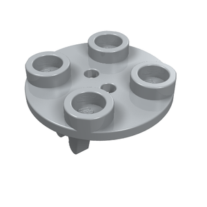Light gray round LEGO 2x2 plate with four studs, a wheel holder, and two central pin holes.