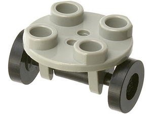 Light gray LEGO 2x2 round plate with wheel holder and two black wheels (part 2655c02).