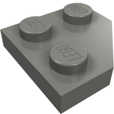 Gray LEGO 26601 Wedge Plate 2 x 2 Cut Corner brick with three studs, each embossed with 'LEGO'.