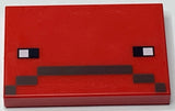 Red LEGO 2x3 tile with pixelated black and white eyes and dark brown frown pattern, resembling a Minecraft Strider face.