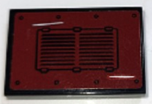 LEGO 2x3 tile, 26603pb258, with black vent pattern and two white scratches on a dark red background.