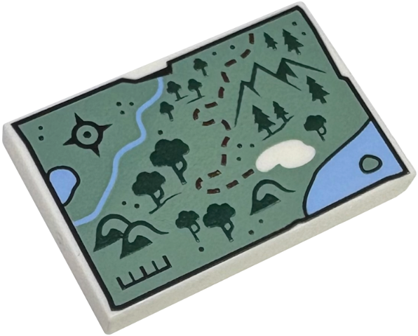 LEGO 2x3 tile featuring a map with sand green land, blue water, dark green trees and mountains, black compass rose, and dark red path.