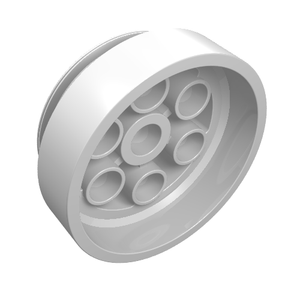 White LEGO wheel part 2695, 30mm D. x 13mm. Shows smooth outer rim and inner hub with central and surrounding holes.