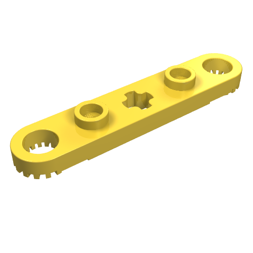 A yellow LEGO Technic plate 1x5 with toothed ends, two studs, and a central cross axle hole.
