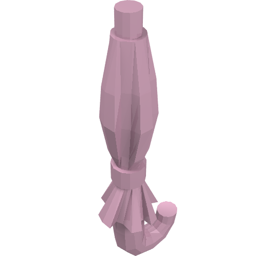 Light pink folded LEGO minifigure umbrella with a cylindrical top, cinched middle, and curved bottom handle.