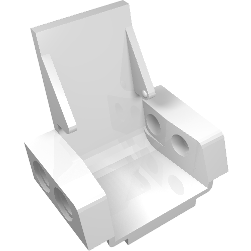 A white LEGO Technic Seat 3 x 2 Base with a pivoting backrest and round holes on the armrests, viewed from an elevated angle.