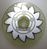 Light green LEGO Technic 3x3 disk with a silver circular saw blade sticker pattern and Technic pin hole.