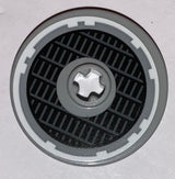 LEGO Technic 3x3 disk with black Millennium Falcon grille, white outline pattern, and light grey star-shaped center.