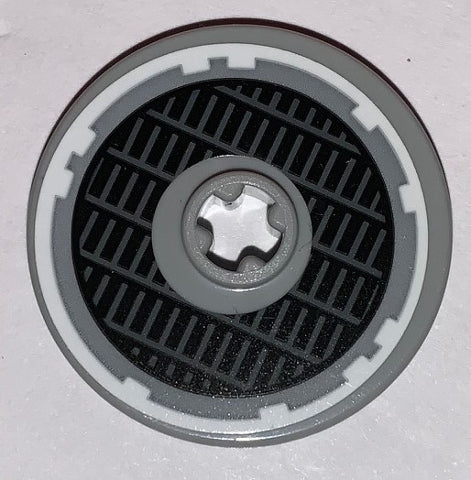 LEGO Technic 3x3 disk with black Millennium Falcon grille, white outline pattern, and light grey star-shaped center.