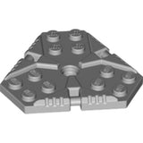A dark gray LEGO 27255 Modified 6x6 Hexagonal Plate with pin hole, featuring three hinged sections and studs.
