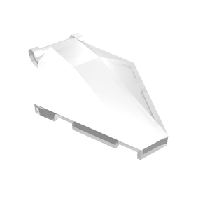 Transparent LEGO windscreen, 6x4x1 hexagonal shape, with a bar handle at the back and clip elements on the underside.