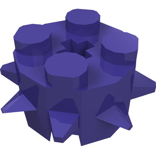Purple LEGO 27266 brick, round 2x2 with spikes and star-shaped axle hole.