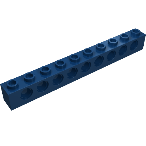 A single blue LEGO Technic brick 1x10 with holes, oriented diagonally on a white background.
