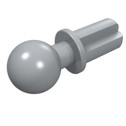 Grey LEGO Technic Axle 1L with Tow Ball part, featuring a spherical ball end and a ribbed axle.