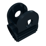 A black LEGO Technic Steering Gear Holder (part 2791) with two pinholes and a ribbed cylindrical base.