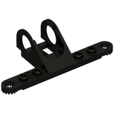 Black LEGO Technic Steering Rack Top (2792) featuring two curved arms with holes, a flat bar, studs, and a geared end.